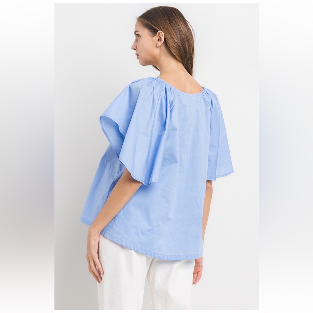 30 Boho Solid Flutter Sleeve Split Neck Top - Picture 5 of 6
